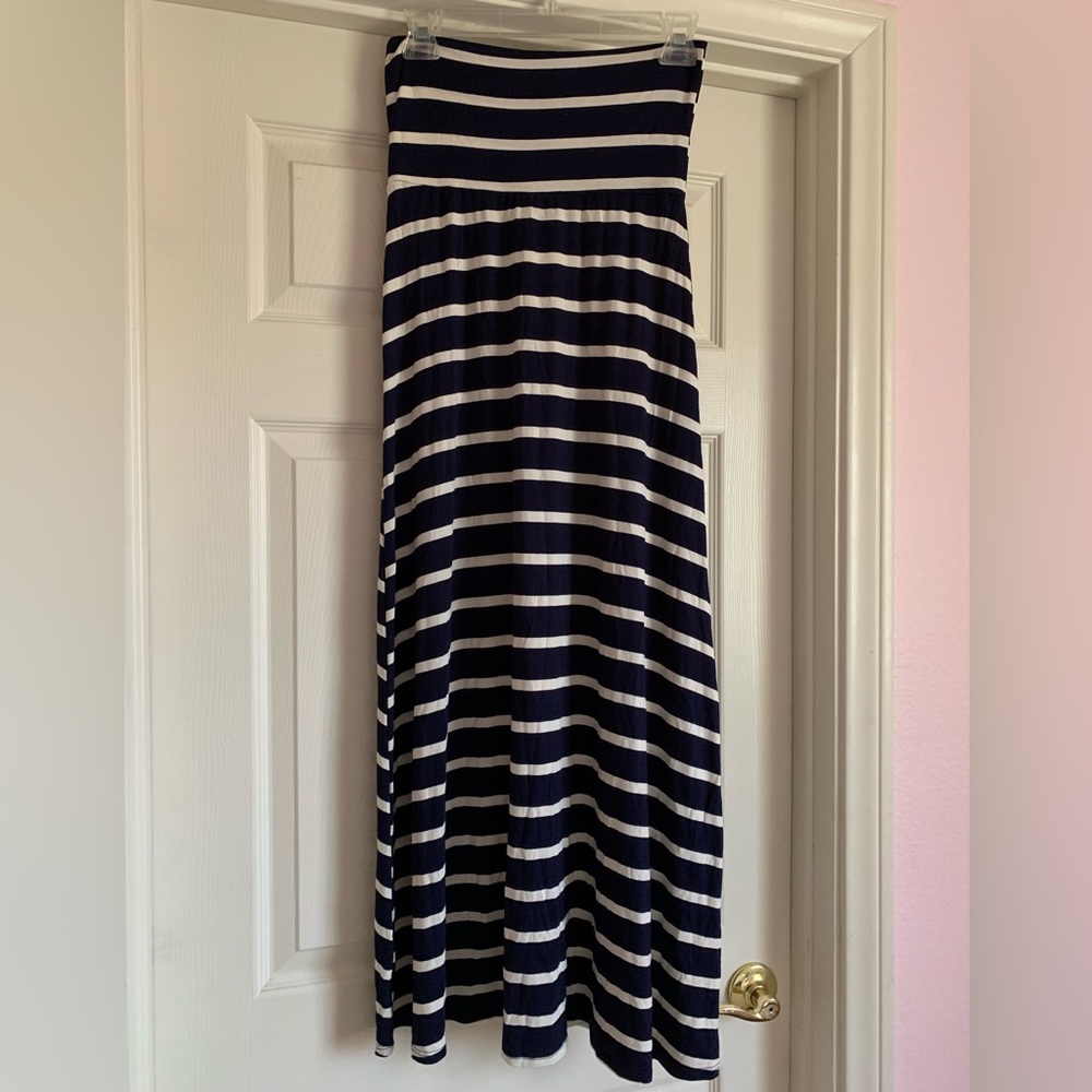 DownEast Everyday Printed Maxi Skirt Navy Stripe size S